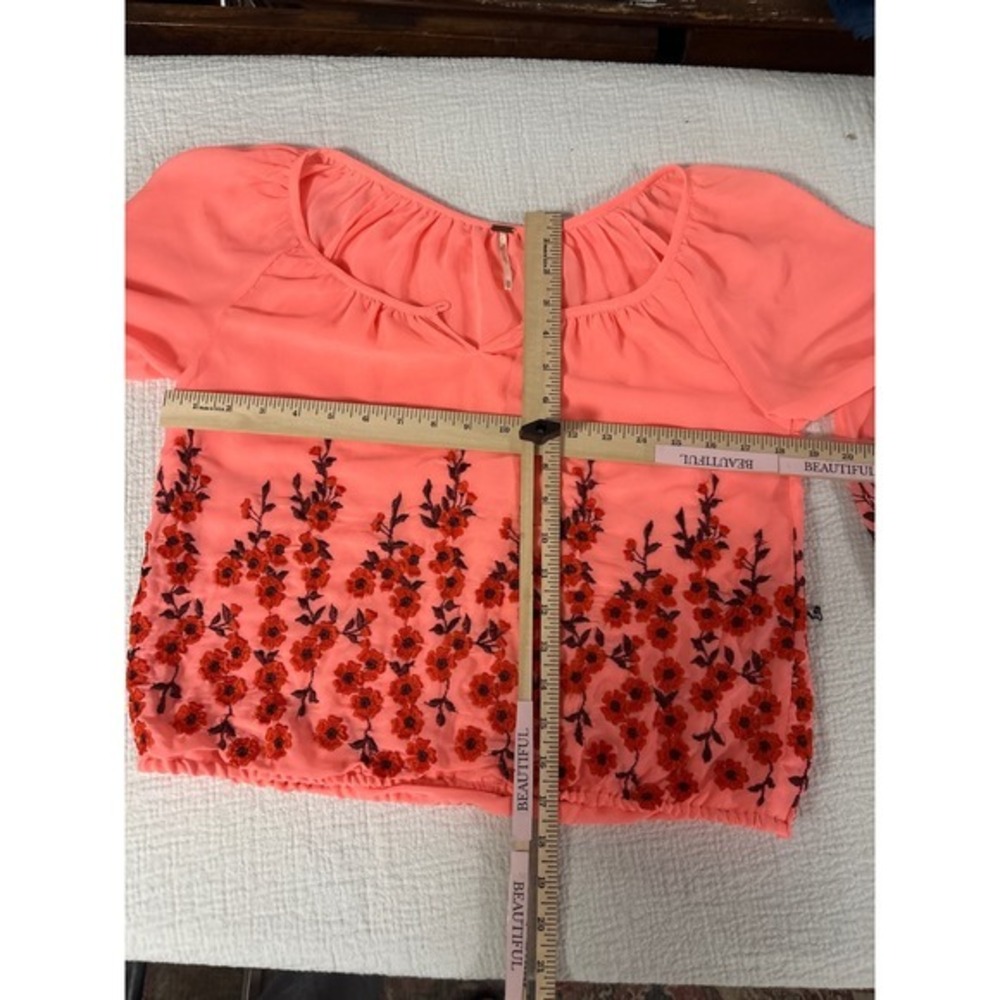Free People Embroidered Peasant Blouse Coral Floral Boho Long Sleeve Size XS - Picture 9 of 11
